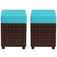Outsunny 2 PCS Patio Wicker Ottoman Set, Square Outdoor PE Rattan Footrest with Removable Cushion for Backyard, Sky Blue(m-2)