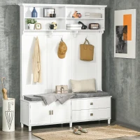HOMCOM Hall Tree with Storage Bench, Entryway Bench with Coat Rack, Accent Coat Tree with Storage Shelves, Cabinet and Drawers for Hallway, Mudroom, White(m-2)