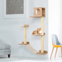 PawHut Cat Shelf for Wall, Multi Level Cat Tree Tower with Cat Condo, Sisal Scratching Posts, Cat Perches, Ladder, Cat Wall Furniture for Indoor Use(m-10)