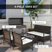 Outsunny Patio Furniture Set, 4 Piece Indoor Outdoor PE Wicker Conversation Set with Chairs, Loveseat Sofa, Cushions, Glass Table for Backyard, Sunroom, Pool, Garden, Brown(m-5)