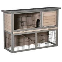 PawHut 2-tier Wooden Rabbit Hutch Backyard Bunny Cage Habitat Small Animal House w/ Ramp, Slide Out Tray and Outdoor Run, Grey(m-2)