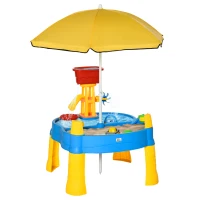Qaba 2-in-1 Covered Sandbox Table with Umbrella for Outdoors and Indoors, 25-Piece Sand and Water Table for Toddlers, Little Kids Toys(m-1)