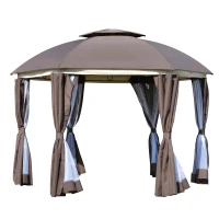 Outsunny 12' x 12' Round Outdoor Gazebo, Patio Dome Gazebo Canopy Shelter with Double Roof, Netting Sidewalls and Curtains, Zippered Doors, Strong Steel Frame, Brown(m-11)