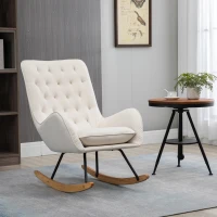 HOMCOM Mid-Century Fabric Rocking Chair Sofa Armchair Tufted Rocker Wingback Accent Chair with Padded Seat, Rubber Wood Base for Home Studio, Bedroom, Living Room, Cream White(m-2)