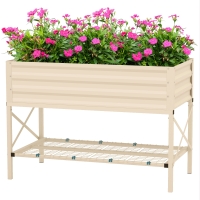 Outsunny Galvanized Raised Garden Bed, Metal Planter Box with Legs, Storage Shelf and Bed Liner, Cream