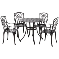 Outsunny 5 Pieces Outdoor Dining Set, Cast Aluminium Patio Table and Chairs with Parasol Hole, Patio Dining Set for 4, Brown(m-11)
