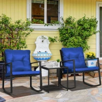Outsunny 3 Pieces Rocking Bistro Set, Outdoor Wicker Patio Furniture with Glass Coffee Table and Outside Rocking Chairs for Porch, Conversation Sets with Thick Cushions, Blue(m-8)