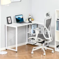 HOMCOM L-Shaped Computer Desk Home Office Corner Desk Study with Wide Desktop, 2 Side Shelves, Steel Frame, White(m-2)