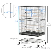 PawHut 52'' Large Rolling Steel Bird Cage Bird House with Rolling Stand, Storage Shelf, Wood Perch, Food Container, Dark Grey(m-3)