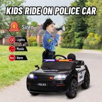 Qaba 12V Kids Electric Police Car w/ Remote Control, Spring Suspension, Transport Wheel, Siren, Music, Light, Horn, Black(m-5)