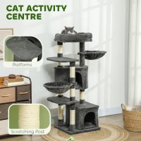 PawHut 52.5" Cat Tree Tower with Scratching Posts, Cat Condos, Bed, Platforms, Hammocks, for Indoor Cats, Dark Grey(m-4)