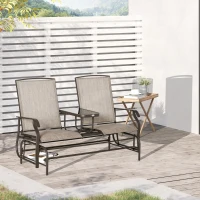 Outsunny Outdoor Glider Bench with Center Table, Metal Frame Patio Loveseat with Breathable Mesh Fabric and Armrests for Backyard Garden Porch, Brown(m-10)