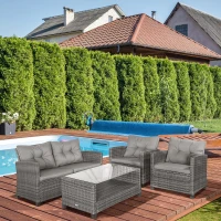 Outsunny 4 Pieces Patio Furniture Sets with Cushions, PE Rattan Wicker Conversation Chairs with Two-Tier Coffee Table for Backyard Porch Garden Poolside and Deck, Gray(m-10)