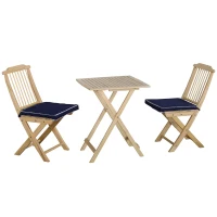 Outsunny 3 Pieces Patio Folding Bistro Set, Outdoor Pine Wood Table and Chairs Set with Tie-on Cushion & Square Coffee Table, Great for Indoor, Poolside, Garden, Dark Blue(m-11)
