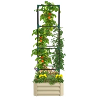 Outsunny Galvanized Planter Box, 24" x 24" x 73.5" Raised Garden Bed with Tomato Cage for Climbing Vines, Cream(m-11)