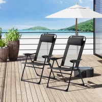 Outsunny Folding Patio Dining Chairs Set of 2, Outdoor Deck Chair with Adjustable Sling Back, Camping Chair with Removable Headrest for Garden, Backyard, Lawn, Black(m-2)