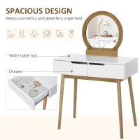 HOMCOM Makeup Vanity Table with Round Mirror and 2 Drawers, Dressing Table with Cushioned Stool Set for Bedroom (Natural Wood)(m-6)