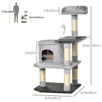 PawHut 39" Cat Scratching Tree, Kitten Condo Playhouse, Kitty Activity Center, Rest Post Top Perch with Hanging Toy - Grey(m-3)