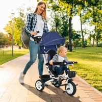 Qaba 6 in 1 Toddler Tricycle with Parent Push Handle, Canopy, Storage Baskets, Cupholder, Dark Blue(m-8)
