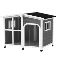 PawHut Cabin-Style Wooden Dog House for Large Dogs with Openable Roof & Giant Window, Dark Gray(m-1)