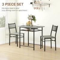 HOMCOM 3-Piece Small Dining Table Set for 2, Kitchen Table and Chairs with Storage Rack and Steel Frame, Gray(m-5)