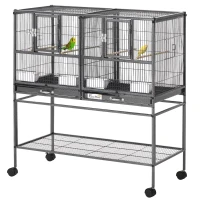 PawHut Divided Breeder Bird Cage with Rolling Stand Removable Metal Tray, Storage Shelf, Wood Perch, and Food Container(m-11)