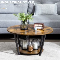 HOMCOM 2-Tier Round Coffee Table with Storage Shelf, Industrial Center Table with Steel Frame for Living Room, Rustic Brown(m-4)