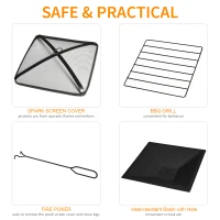 Outsunny 30" Outdoor Steel Square Firepit Square Stove with Spark Screen Cover, Log Grate, Poker, Grill Net for Patio(m-5)
