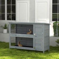 PawHut 2 Tier Wooden Rabbit Hutch Bunny Pet House Wooden Coop Run, Grey(m-8)