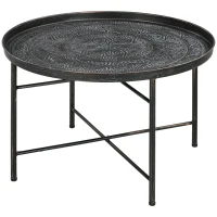 HOMCOM Coffee Table for Living Room, 24" Round Center Table with Hammered Tray Top and Metal Frame for Bedroom, Pewter(m-1)