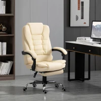 HOMCOM High Back Office Chair PU Leather Executive Office Chair with Retractable Footrest Padded Armrest Cream White(m-8)