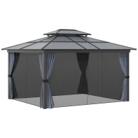 Outsunny 10' x 12' Hardtop Gazebo Canopy with Polycarbonate Roof, Aluminum Frame, Permanent Pavilion Outdoor Gazebo with Netting, for Patio, Garden, Backyard, Deck, Lawn, Black(m-11)