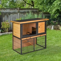 PawHut Wooden Rabbit Hutch Metal Frame Small Animal Habitat with No Leak Tray, Asphalt Openable Roof,Ramp and Lockable Door for Rabbits, Chickens, Ducks, Outdoor Light Yellow(m-10)