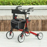 HOMCOM Lightweight Folding Rolling Walker with Large Seat, Back, Adjustable Handle, Bag, Dual Brake, Cane Holder, Red(m-8)