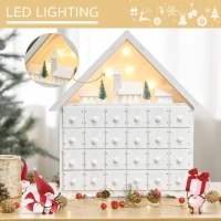 HOMCOM Christmas Advent Calendar, 2022 Light Up Table Xmas Wooden House Holiday Decoration with Countdown Drawer, Village, for kids Adults, White(m-4)