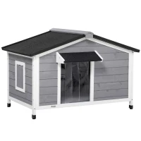 PawHut Wooden Cabin Style Outdoor Dog House with Openable Roof, Removable Bottom, Windows, Curtain, Foot Covers, Gray(m-11)