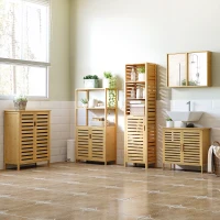 kleankin Bamboo Bathroom Cabinet, Bathroom Floor Cabinet with 2 Open Shelves and 2 Slatted Doors, Freestanding Linen Tower for Washroom, Natural(m-1)