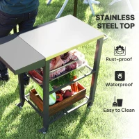Outsunny Outdoor Grill Cart w/ Foldable Side Table, 3-Tier Pizza Oven Stand w/ Stainless Steel Tabletop, Hooks, Wheels(m-4)