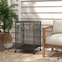 PawHut 29" Bird Cage for Parrots Lovebirds Budgies Finches, Flight Cage with 5 Doors, Swing, Stainless Steel Bowls, Removable Tray, Wheel, Grey(m-8)