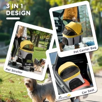 PawHut 4 Wheels Pet Stroller, 3 in 1 Dog Cat Travel Folding Carrier, for Small Dogs, Detachable, w/ Brake, Canopy, Basket, Storage Bag - Yellow(m-5)