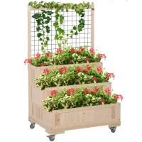 Outsunny 3-Tiers Raised Garden Bed with Trellis, 53" H Vertical Planter Box with Wheels & Back Storage Area, for Flowers, Vegetables, Herbs, Natural(m-1)