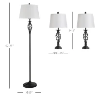 HOMCOM 3 Piece Table Floor Lamp Set with Metal Pole, Round Base, and Fabric Lampshade, for Living Room, Black/White(m-3)