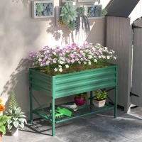 Outsunny Galvanized Raised Garden Bed, Metal Planter Box with Legs, Storage Shelf and Bed Liner, Green(m-10)
