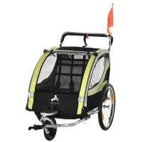 Aosom 2 Seat Bike Trailer for Kids 2-in-1 Double Baby Jogging Stroller with Handbrake, Rubber Wheels, 5 Point Harness, Waterproof Cover, Storage Bag, Reflectors, Yellow(m-11)