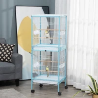 PawHut 55.1" 2 In 1 Bird Cage Aviary Parakeet House for finches, budgies with Wheels, Slide-out Trays, Wood Perch, Food Containers, Light Blue(m-1)