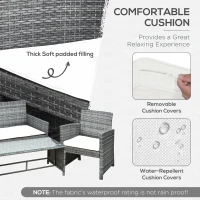 Outsunny 4pcs Outdoor Patio Furniture Set, 2 Plastic Rattan Chairs, 1 PE Wicker Loveseat Sofa, 1 Center Coffee Table with Tempered Glass Table-Top, Soft Cushions for Backyard, Garden, Grey(m-5)
