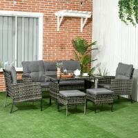 Outsunny 6 Piece Patio Furniture Set with Patio Chairs, Ottomans, Sofa, Glass Top Table and Cushions, Wicker Rattan Outdoor Furniture Set for Backyard, Porch, Grey(m-7)