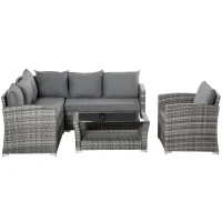 Outsunny 5 Pieces Wicker Patio Furniture Set with 4" Thick Cushions, Outdoor PE Rattan Garden Conversation Sectional Sofa Set with Glass Top Two-tier Coffee Table, Grey(m-11)