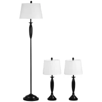 HOMCOM Boho Desk Lamp & Floor Lamps Set of 3, 3 Piece Lamp Set for Living Room, Bedroom, & More, Linen Lampshade, Steel Base, Black(m-1)