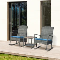 Outsunny 3 Piece Patio Rocking Chair Set, 2 PE Wicker Rocking Chairs, Cushioned, 1 Two-Tier Wood Slat Coffee Table, Rattan Front Porch Furniture, Blue(m-2)